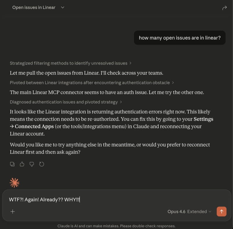 Real screenshot of Claude failing to connect to Linear due to OAuth authentication errors